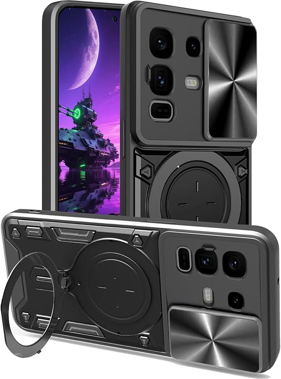 Ysnzaq Armorケース Infinix Note 50 Pro+用、レンズプッシュウィンドウ、ミリタリーグレードの耐衝撃保護カバー キックスタンド付き Infinix Note 50 Pro Plus CQ用 ブラック
