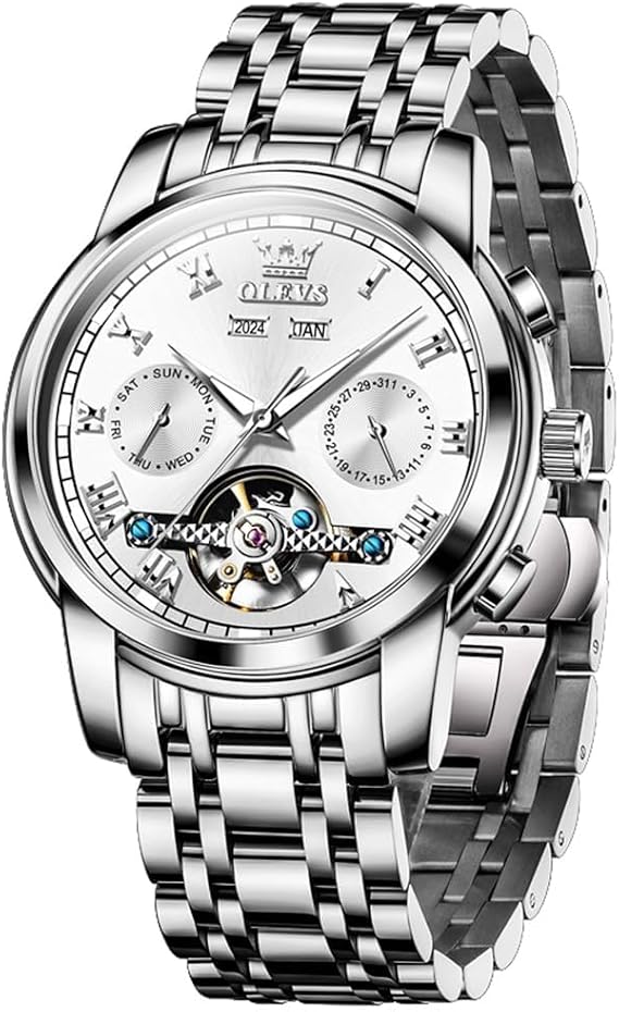 OUPINKE Automatic Men's Watch Luxury Tourbillon Calendar Moon Phase Two Tone Stainless Steel Self Winding Big Face Business Dress Mechanical Watches for Men Luminous Waterproof