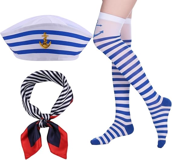Captain Sailor Costume Set with Striped Hat, Scarf and Stocking