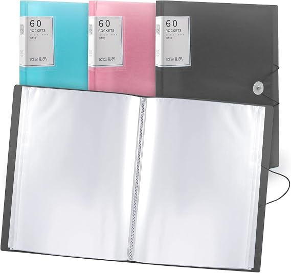 Lookka A4 Display Folder,60 Pockets A4 Display Folders, Display Book Folder with Plastic Sleeves and Safety Rope Presentation Folders Document Project Folder for School and Offices (Black)