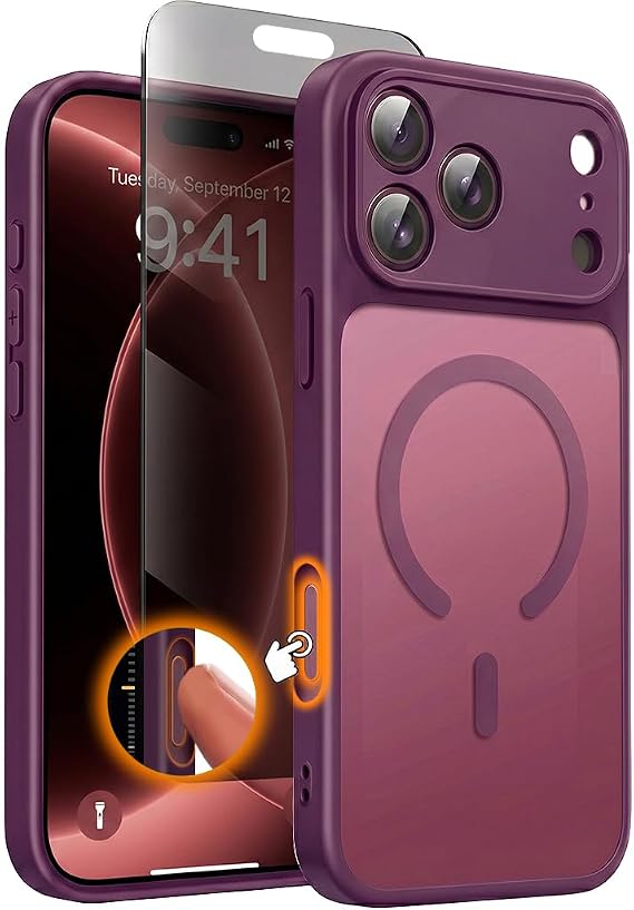 iPhone 18 17 Pro Max用磁気ケース、プライバシープロテクター付き バーガンディ