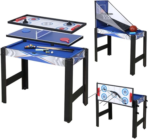 36Inch 5-in-1 Multi Game Table with Ping Pong, Pool, Archery, Slide Hockey, Basketball, All Accessories Included, Indoor Family Interactive Game Table, Blue