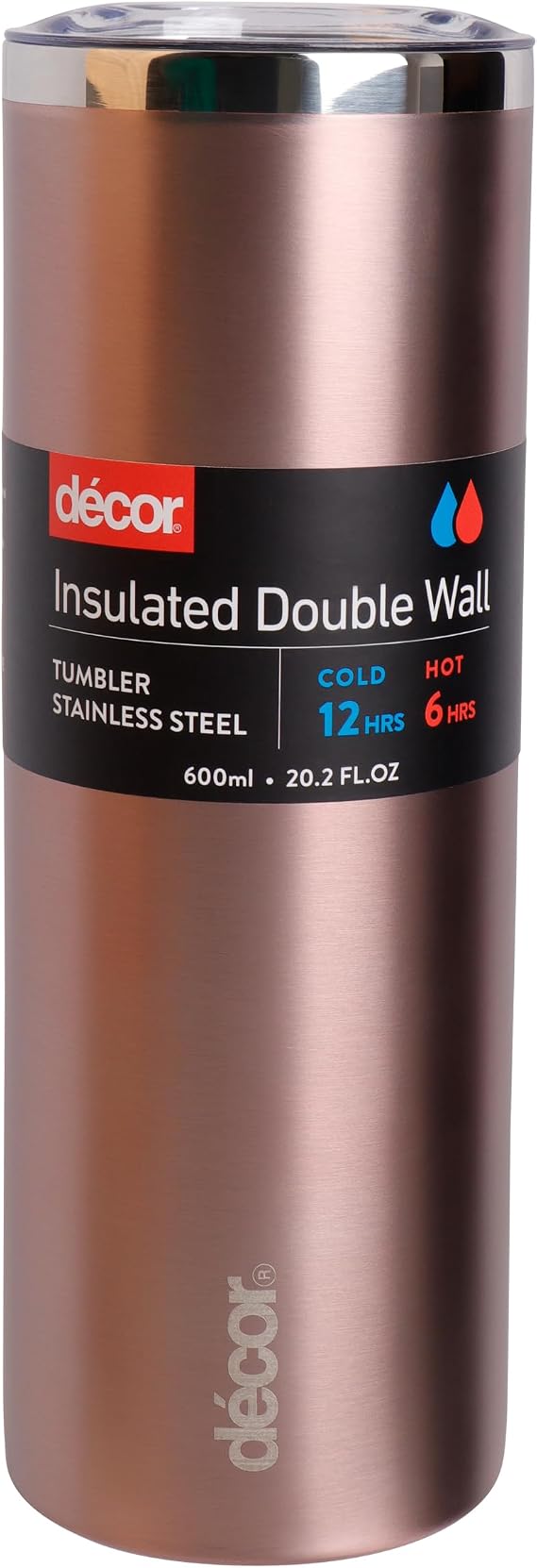 Décor Double Wall Stainless Steel Travel Mug - Keeps 6 Hours Hot - 12 Hours Cold - Car Cup Holder Compatible - Easy Drinking Access with a Slide Cap Lid - 600ml Rose Gold.