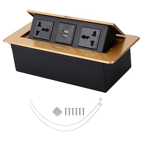 Hidden Pop-Up Desktop Socket, 250V 3 Hole Dual 2.1A USB Power Pop Up Desktop Socket Aluminum Alloy Pop Up Floor Outlet Covers Box, Recessed Power Socket for Home Office,Gold