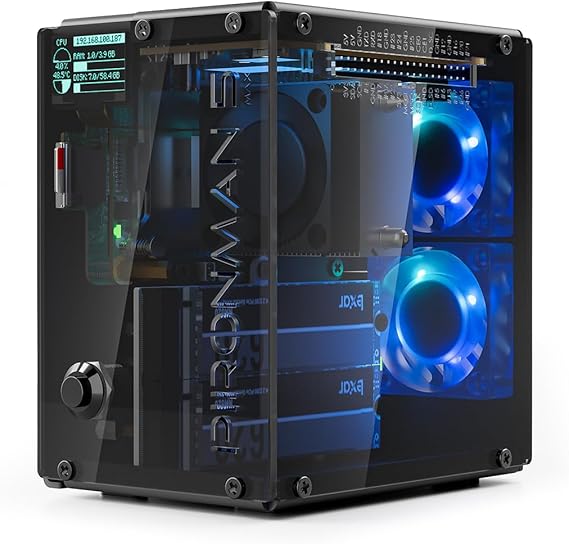 Pironman 5-MAX Dual NVMe M.2 SSD PCIe Case for Raspberry Pi 5 with NAS/RAID 0/1 Support, Hailo-8L AI Accelerator Support, PWM Tower Cooler + Dual RGB Fans, 0.96-inch OLED Display, Standard HDMI Port