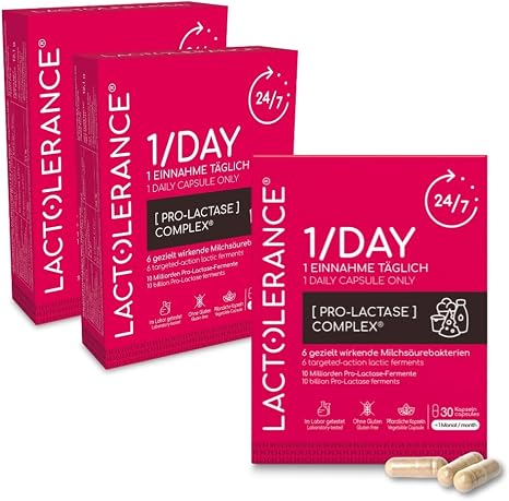 LACTOLERANCE 1/DAY Lactase Precursor 3 Month Pack 90 Capsules 24-Hour Protection 1 Capsule / Day Improves Lactose Digestion Lactic Acid Bacteria No Additives