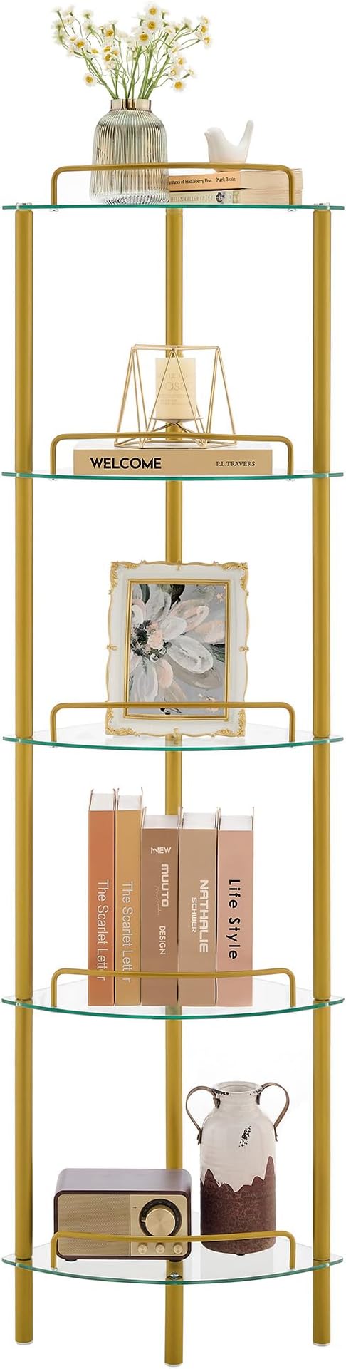 FAVOOSTY Coner Shelf Unit Narrow Corner Bookcase Bookshelf Free Standing Shelf Glass & Metal Display Cabinet Ladder Shelf Storage for Living Room Bedroom, Gold