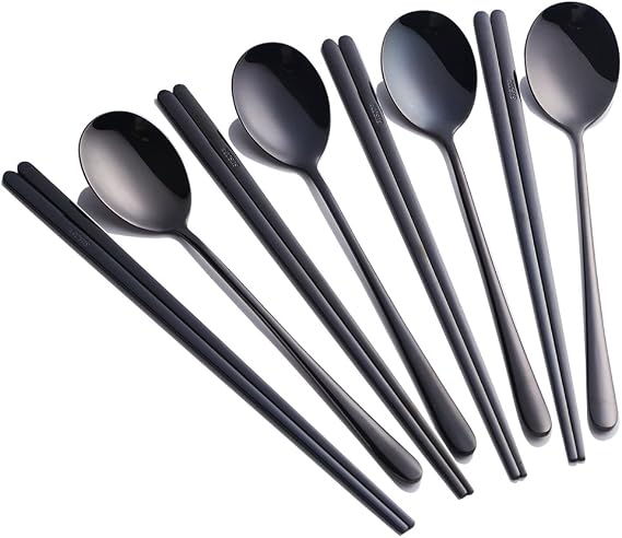 Buyer Star 4 Sets Korean Chopsticks Korean Spoons Black Stainless Steel Chopsticks Spoon Service for 4 People