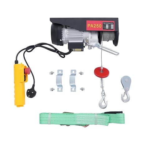 Electric Hoist 550W with Wired Hand Remote Control 550lbs/275lbs, 18m Steel Cable, Double/Single Lift 5m/10m/min, Overhead Lifting, Electric Pulley System, Power In/Out Motor (250KG/125KG)