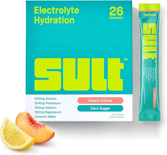 SULT Hydrate Electrolyte Sachets | Zero Sugar | 6 Electrolytes | 500mg Sodium | Coconut Water | 26 Pack | Peach Citrus | Vegan, Non-GMO | Made in UK