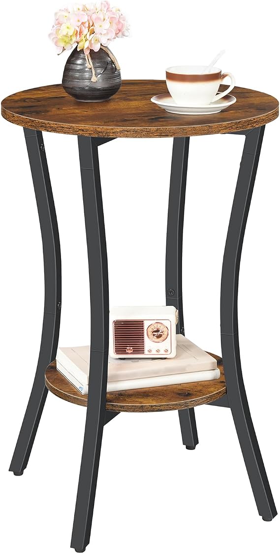 HOOBRO Round Side Table, 2 Tier Small Bedside Table, Round Sofa Side Table with Storage Shelf, Small Tables Coffee Table Hallway for Living Room, Sturdy, Rustic Brown and Black EBF180BZ01G1