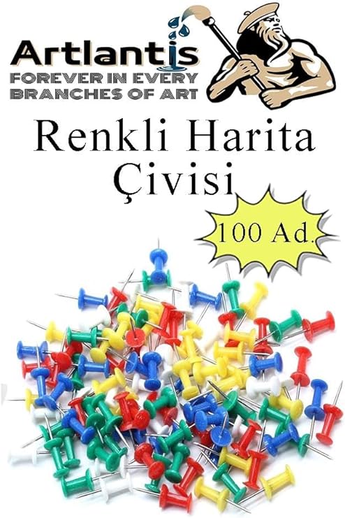 Renkli Harita Çivisi 100'lü 1 Paket Mantar Pano Raptiyesi Pano İğnesi Ofis Okul Büro