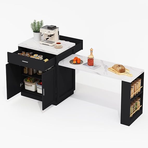DRIXNO Kitchen Island with Extendable Dining Table for 4-6 People, Integrated Power Socket & USB Charging Station, Kitchen Storage Cabinet Trolley with 2 Drawers & 2 Open Shelves for Small Kitchens