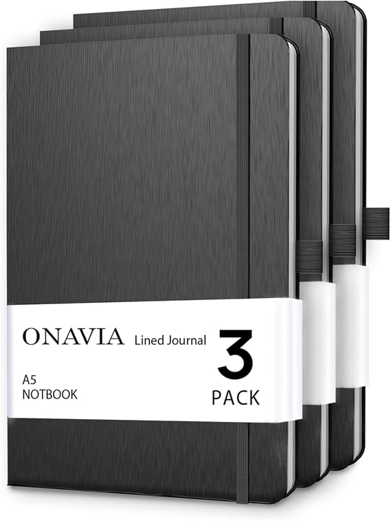 ONAVIA Lined Notebook A5 Hardcover Travel Notebook, Classic Notebook, Premium Journal with Pencil Loop, 160 Pages Pack of 3 (Black)