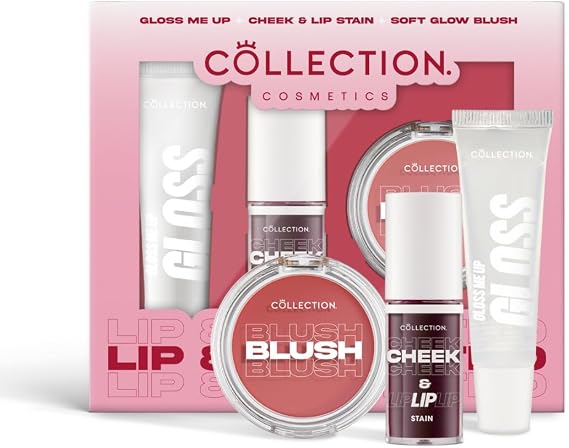 Collection Cosmetics Lip & Cheek Trio, Soft Glow Blusher, Cheek and Lip Stain, Gloss Me Up Lip Gloss, Long Lasting Flush, Makeup Gift Set