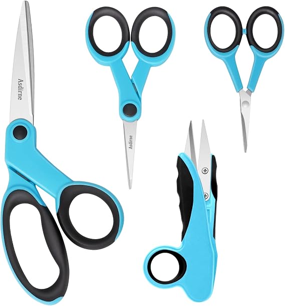 Asdirne Fabric Scissors Including Sewing Scissors, Craft Scissors, Thread Snipers and Embroidery Scissors, 4 Pack, Blue/Black
