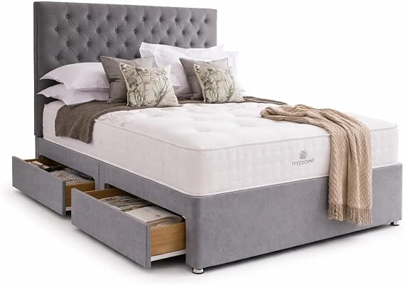 Designer Toro Plush Memory Spring Foam Divan Bed Set With Mattress, 2 Drawers (Same Side) and Headboard (Steel Plush Velvet, 4FT6 Double)