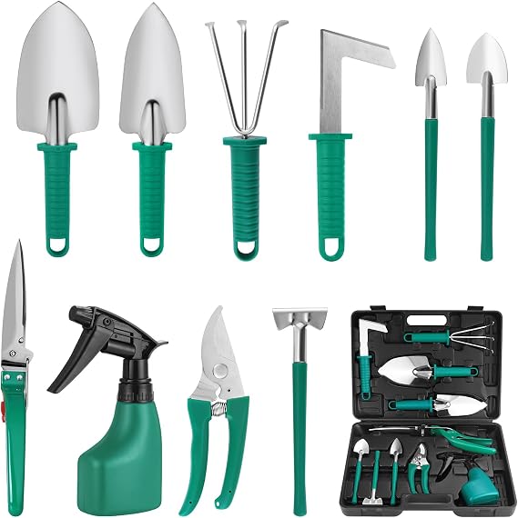 10 Piece Garden Tools Set Garden Tools Set with Trowel Transplanter Rake Pruning Shears Shovels and Water Spray Bottle (Green)
