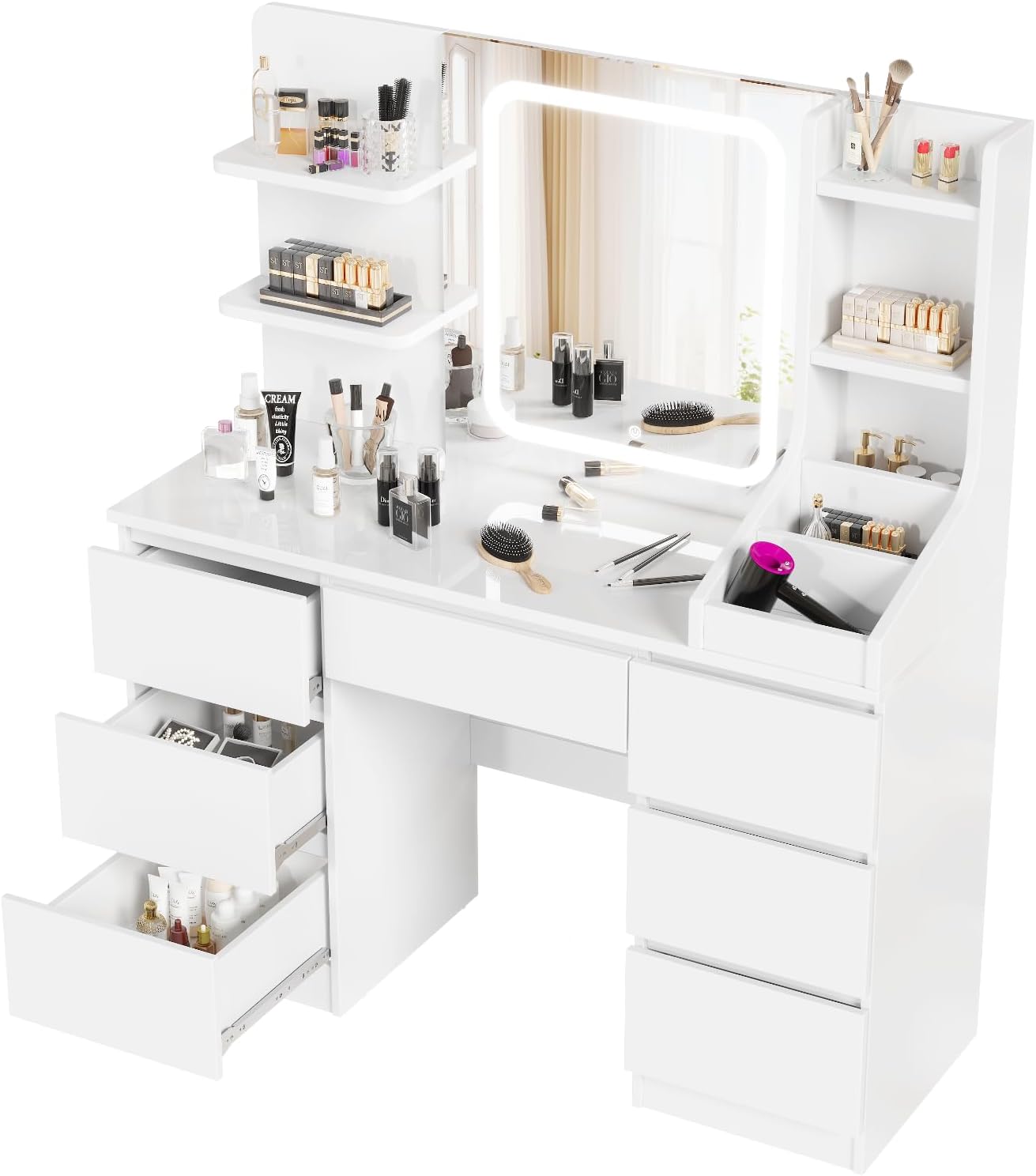 Devoko Dressing Table with LED Mirror and 7 Large Drawers, 3 Colours with Adjustable Light, White Makeup Vanity with 8 Shelves for Bedroom, Modern Storage Dresser, 110 x 40 x 140 cm