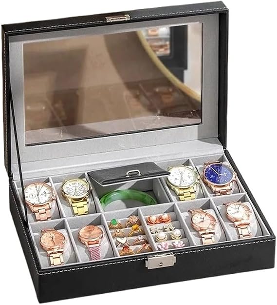 Glasses Display Stand Watch Box, 8 Jewelry Box Watch Display Case Organizer Jewelry Storage Box Black PU Leather with Mirror and Lock