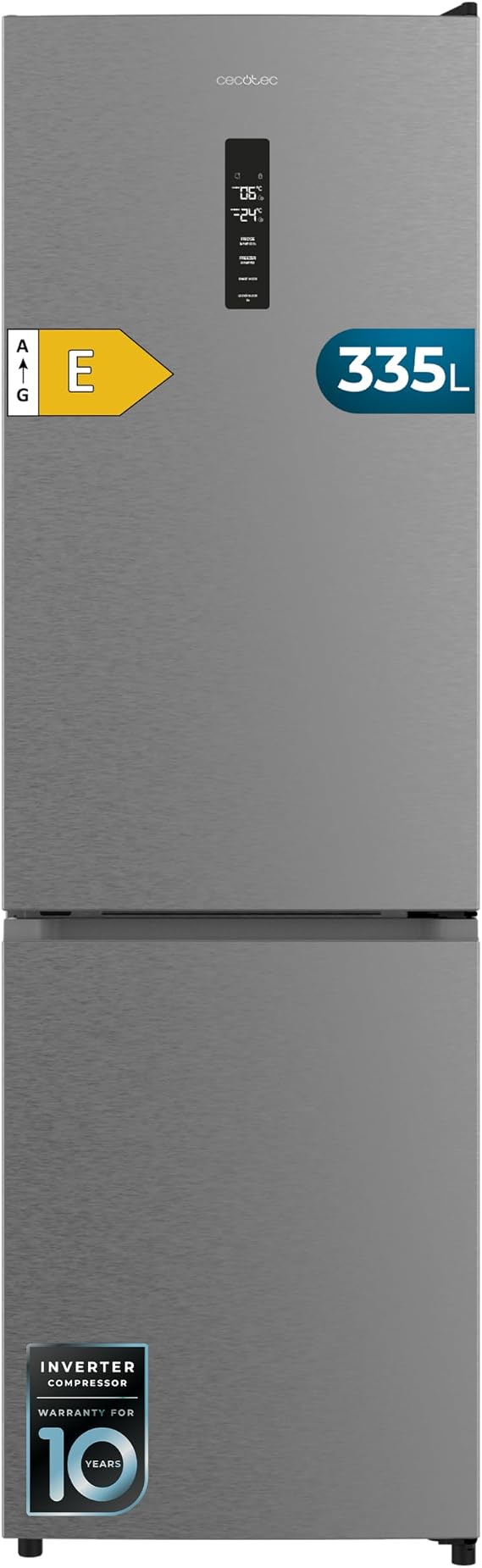 Cecotec Refrigerator Combi 335L No Frost Bolero CoolMarket Combi 335 Stainless Steel E. Height 195 cm and 59.5 cm Width, Compressor Inverter Plus, Low Consumption, Glass Shelves, Moisture Control Drawer, Stainless Steel [Energy Class E]