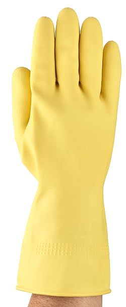 Ansell AlphaTec 87-063 Multi-Purpose Work Gloves, Chemical Resistant, Picot Pattern Excellent Grip, Long Cuff, Industrial PPE, Safety Glove in Latex, Reusable, Yellow, Size M (12 Pairs)