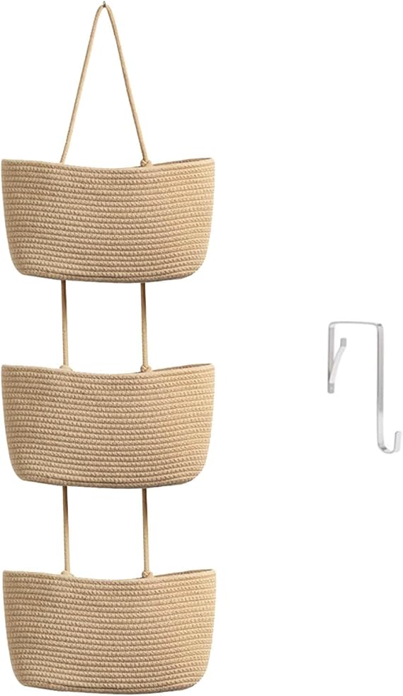 TeoKJ Over the Door Hanging Basket, 3-Tier Woven Cotton Wall-Mounted Storage Organizer Bag Decorative Hanging Kitchen Baskets - Khaki