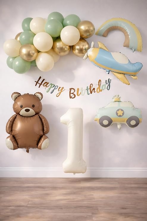 Retro 1 Yaş Doğum Günü Seti; Uçak, Araba, Gökkuşağı, Ayıcık ve 20 Adet Lateks Balon Set