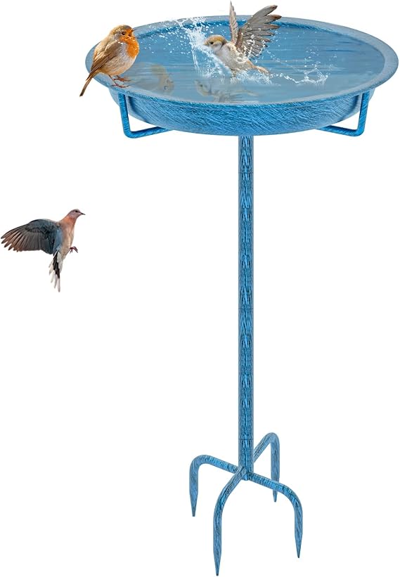 Bird Bath for Outdoors, Metal Garden Birdbath Bowl for Outside with 4 Prongs Base Stake, Bird Feeder for Garden Yard Lawn Deco (Retro Blue)