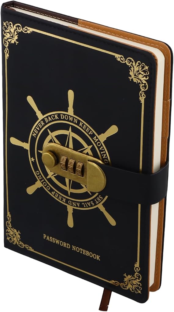 Leather Password Notebook, Lockable A5 Diary, Refillable 200 Pages Journal, Vintage Lock Journal for Women, Men, Girls, Students, 8.3 x 5.8 in, Black