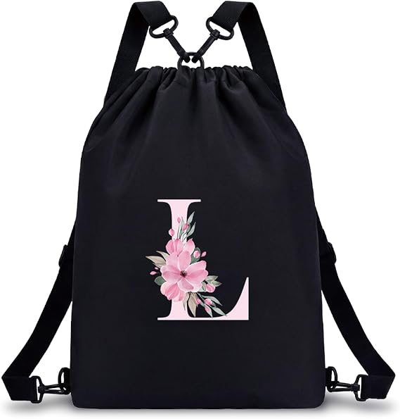 A-Z BAG Drawstring Swimming Bag Initial Gifts for Girls Kids (Black, L)