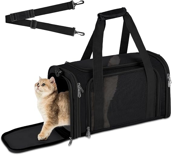 Dog Cat Carrier, Transport Bag, Breathable Cat Foldable, Airline Approved, for Small Medium Cats Puppies Kittens, for Train, Car and Plane, Black (40 x 25 cm)