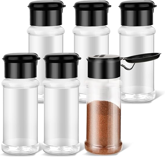 TIESOME 6 Pcs Plastic Spice Jars with Shaker Lids, 3 oz (Black Lid)