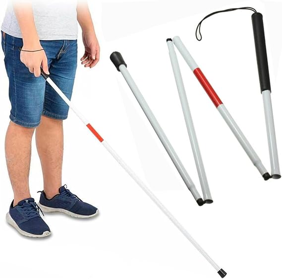 White Folding Blind Walking Stick,124cm Aluminium Alloy Reflective Cane,with White Reflective Strip Wrist Strap,for the Blind Vision Impaired Indoor Outdoor Use Collapsible Guide Stick