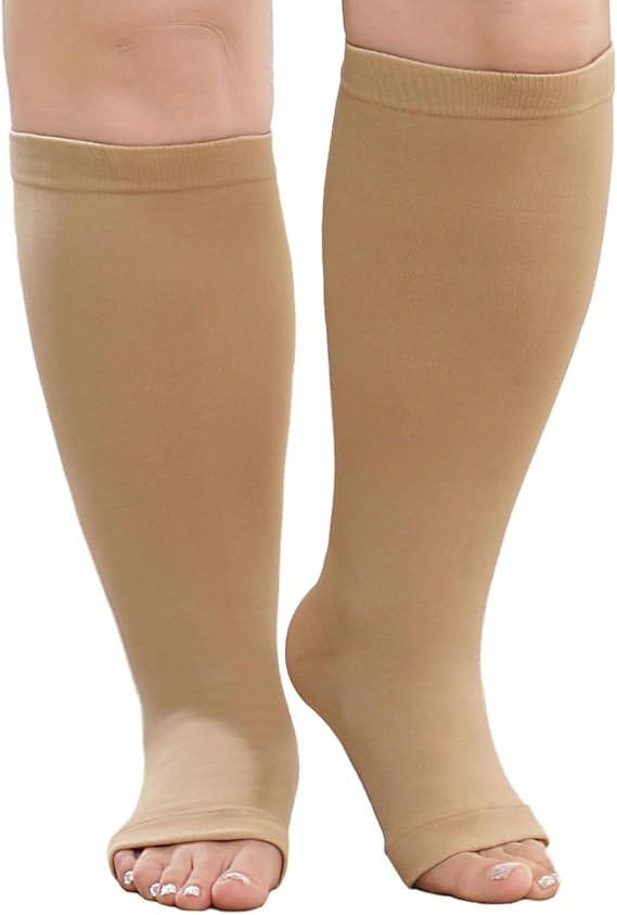 PUTUO Plus Size Compression Socks: Wide Calf Graduated Compression Stockings Men Women Open Toe Extra Large Compression Sock for Support Flight Travel Pregnancy Nurses 20-30 mmHg Beige 3XL 1Pairs