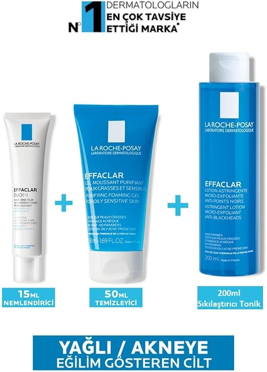 La Roche Posay Effaclar Yağlı/Akneli Ciltler İçin Bakım Seti, 3 Ürün (15ml + 50ml + 200ml)