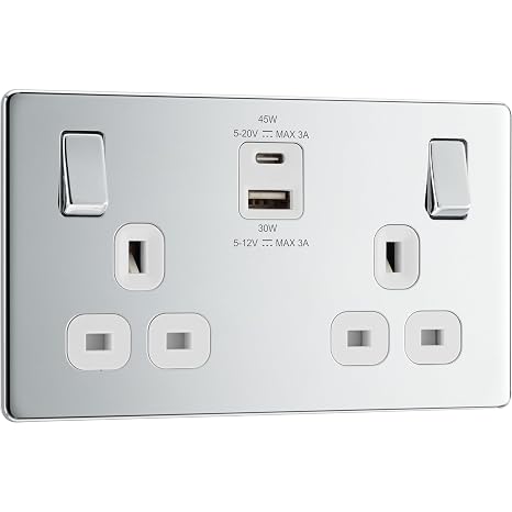 BG Electrical 45W Double Switched Power Wall Plug Socket with Super Fast Charge Type A and C USB Ports, Screwless, Flatplate, Polished Chrome, White Inserts, 13A, FPC22UAC45W