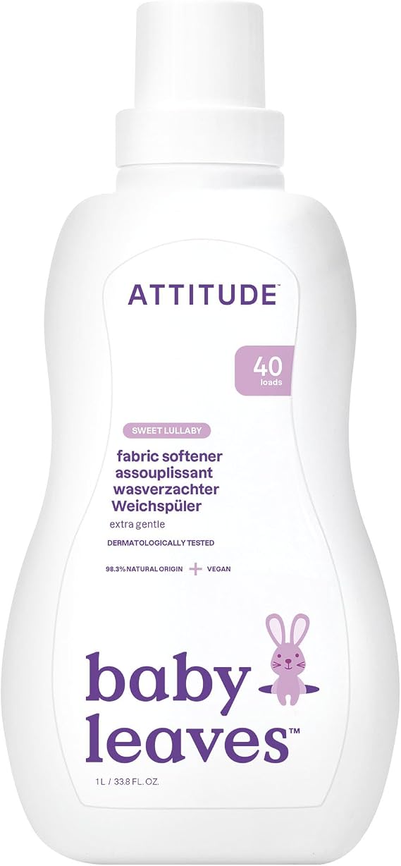 ATTITUDE Baby Fabric Softener Liquid, EWG Verified, Safe for Baby Clothes, Infant and Newborn, Vegan and Naturally Derived Washing Soap, HE Compatible, Sweet Lullaby, 40 Loads, 1.04 Liter
