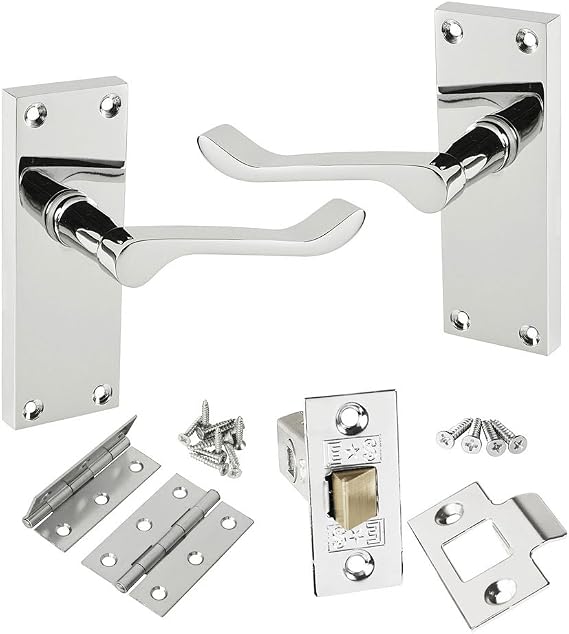HANDLESTORE Victorian Scroll Door Handle Pack – Polished Chrome Finish, Pair of Handles with 2.5" Tubular Latch & 3" Hinges