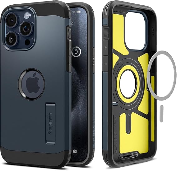 Spigen ACS06595 iPhone 15 Pro Max Case, MagSafe Compatible, With Stand, US Military Mil-Spec, Tough Armor, MagFit, Metal Slate