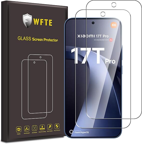 WFTE 2-Pack Tempered Glass for Xiaomi 17T Pro 5G Screen Protector,9H Hardness,Anti-Scratch,Anti-Fingerprint,Bubble-Free,HD Clear,Premium Protective Film for Xiaomi 17 T Pro,Case Friendly