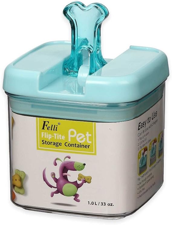Small 5"H Flip-Tite Bone Square Pet Food Storage Canister in Clear/Blue