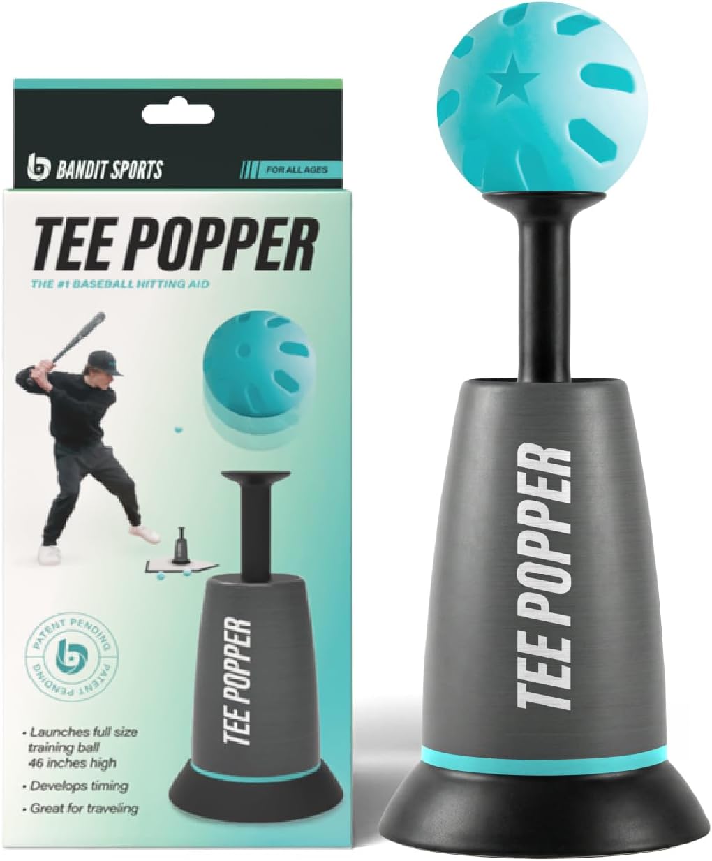 Bandit Sports Tee Popper, Durable Nylon Strength, Batting Tee for Perfect Swings, Baseball Training for Hitting Without a Pitcher 1 Popper Ball Included