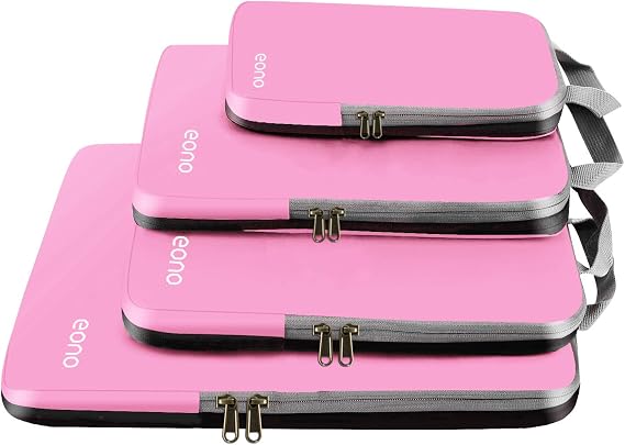 Eono Compression Packing Cubes, Luggage Organiser Set, Extensible Suitcase Organiser, Packing Organisers for Suitcases, Packing Cubes for Travel or Home Storage - Pink, 4 Set