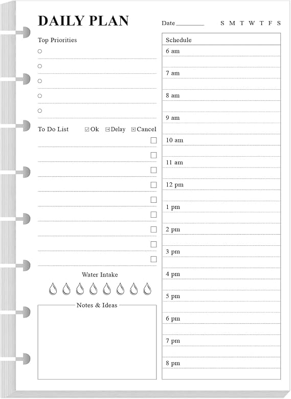 Junior Size To Do List Insert - 8-Disc Discbound Undated Daily Planner Refill for A5 Binder,100 Sheets/200 Pages Planner and Lined Refill, 100 gsm White Paper, 5.8'' x 8.3''