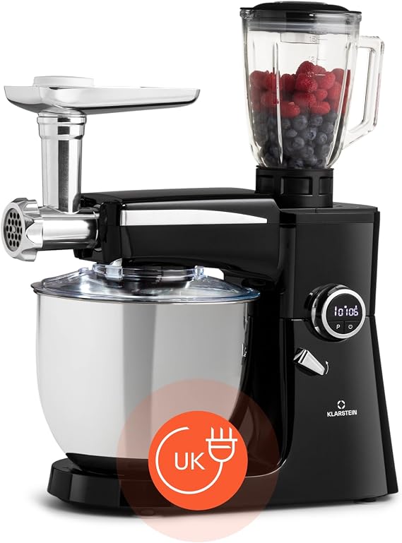 Klarstein Food Processor Blender Multifunctional, 2000W Food Blender with Meat Mincer, 3 in 1 Blenders, Mixers & Food Processors for Kitchen, 10L Food Processors Combo & Stand Mixer Soft Black