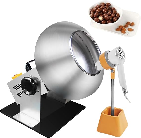Automatic Sugar Ball Panning Machine - Tilt Angle Adjustable, 1-3 Kg/Time Chocolate Coating Polishing Machine, 58RPM Commercial Candy Making Machine with Blower & Stand