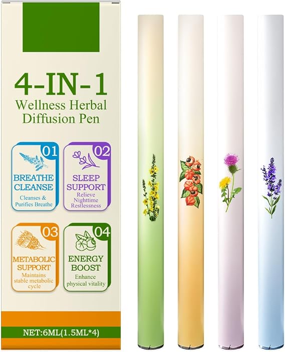 4 in 1 Herbal Diffuser Pen,Herbal Blends Diffuser Set with Mullein/Thyme/Mints Guarana/Green Tea for Energy Boosting Lung Cleansing Liver Detox 1 Pcs