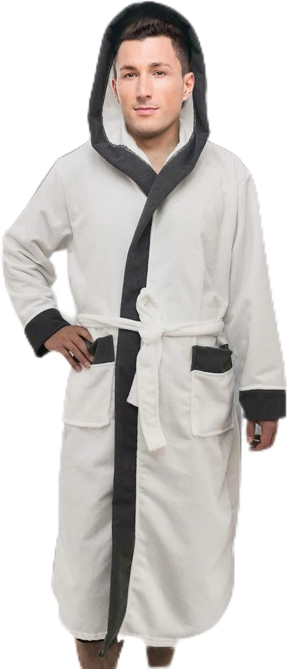 Men’s Hooded Style Dressing Gown Bathrobe, Housecoat Loungewear Super Soft Luxury Terry Cotton, Warm, Cosy Fleece Nightwear Robe, Spa Hotel Sleepwear