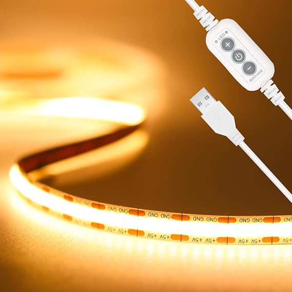PAUTIX USB 2M 5V COB LED Strip Warm White 2700K, Dimmable 5V 640LEDs LED Tape CRI85+ Flexible Tape Light for TV Monitor Backlight, Mirror, Cabinet, Wardrobe, Home DIY Lighting [Energy Class G]